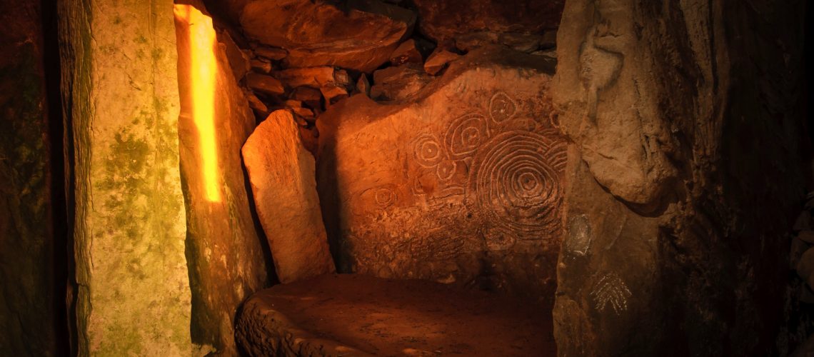 5,000 year old megalithic art inside 'Cairn L', a Neolithic passage tomb at Loughcrew, Co. Meath, Ireland
